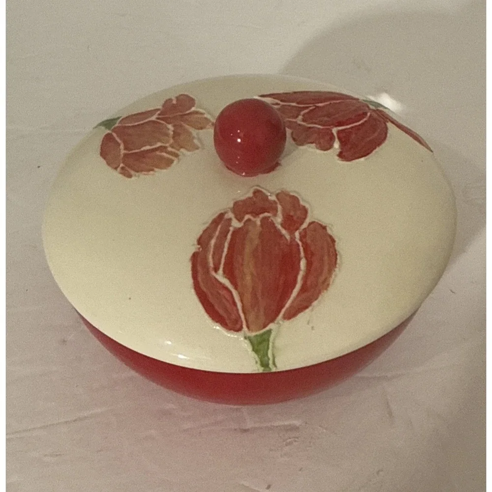Lidded Bowl‎ Red and White w/ Tulips-Trinket/Serving/Sugar Bowl-Signed-Textured